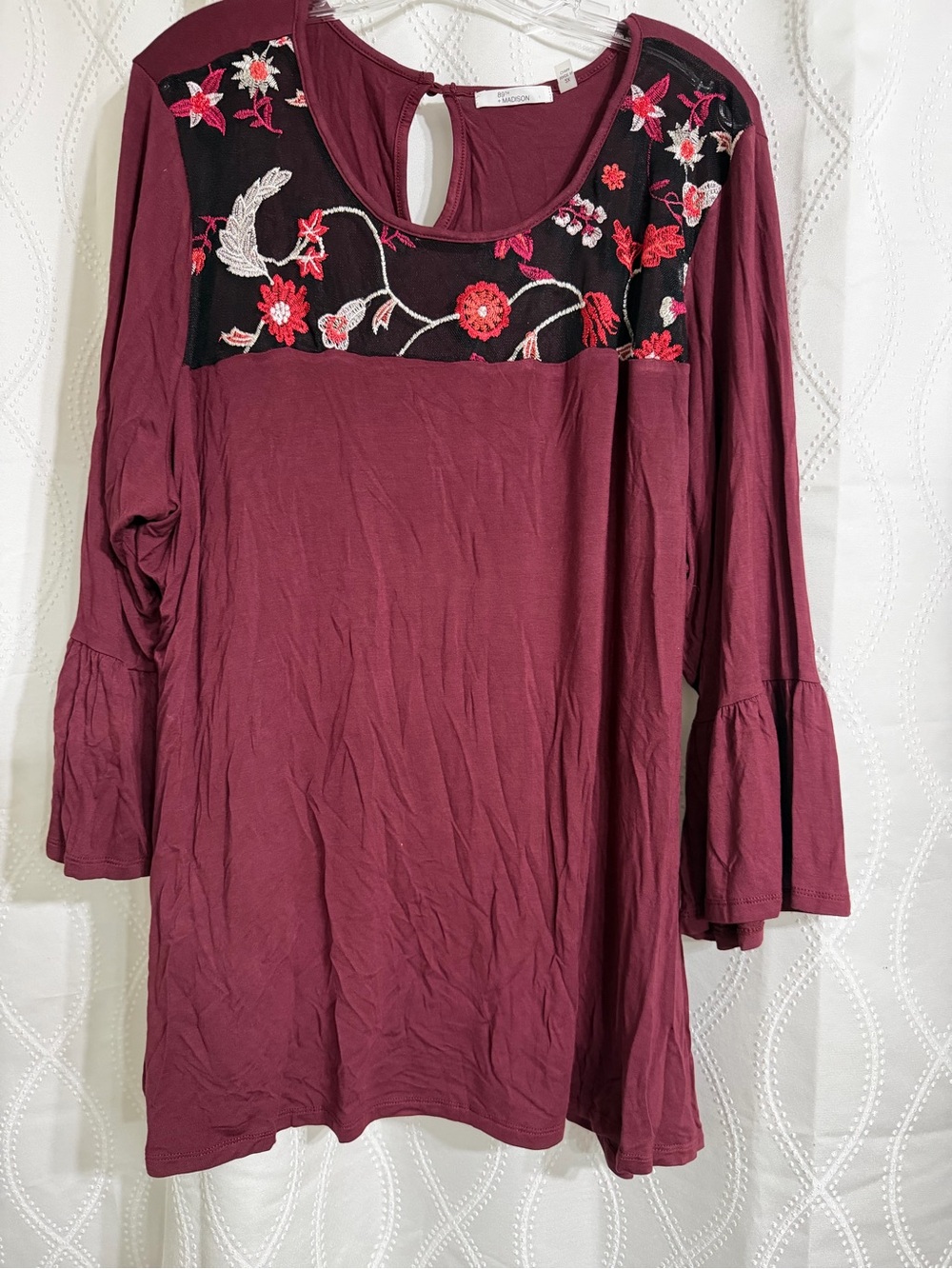 89th & Madison Burgundy Embroidered Yoke Tunic 2X
